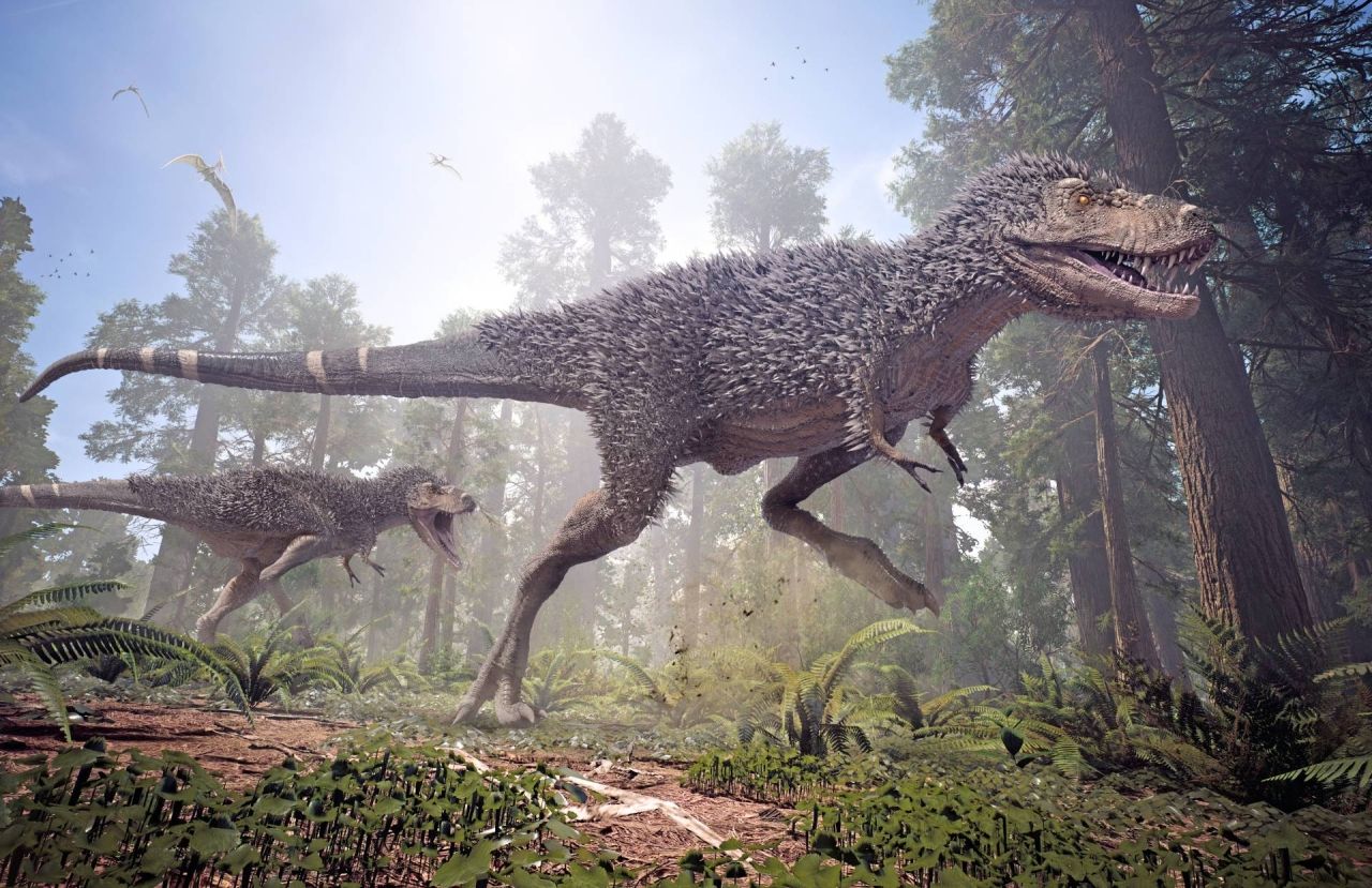 T-rex rychle běžící pravěkým lesem